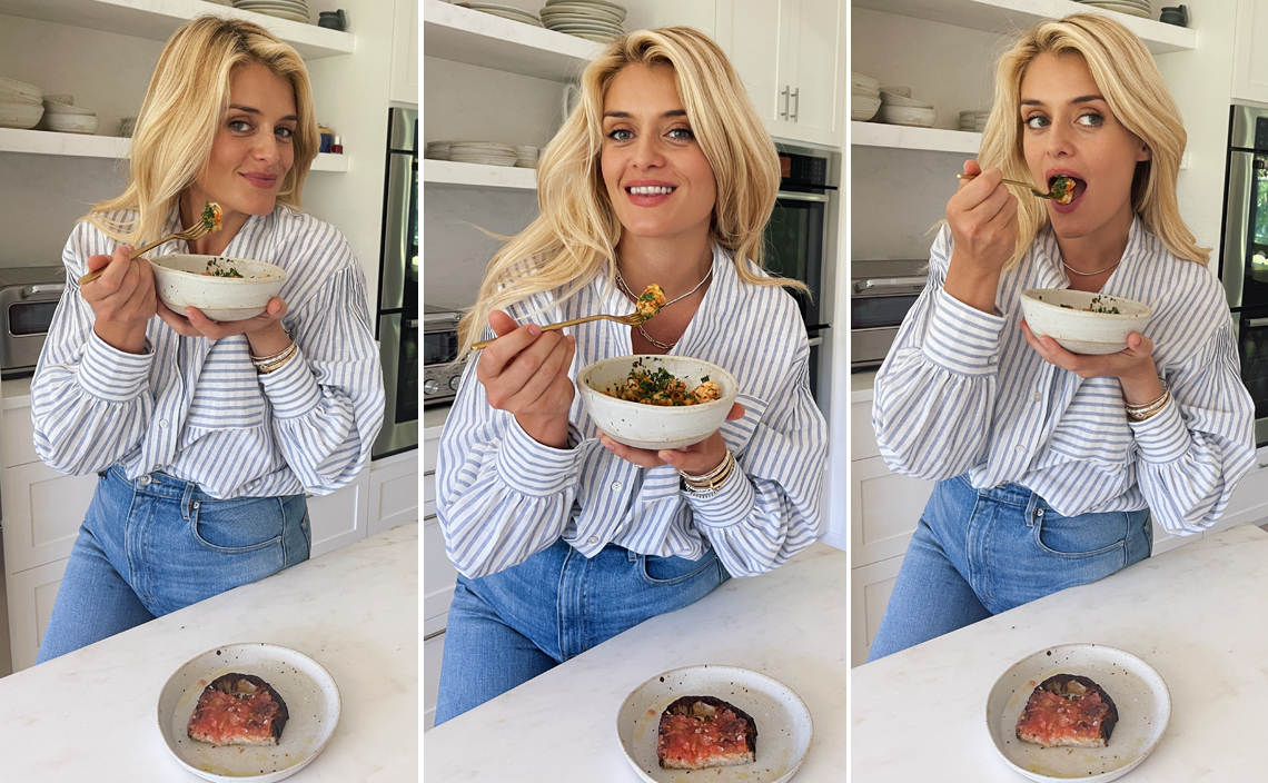 Daphne Oz Posts Sizzling Garlic Shrimp with Tomato Toast